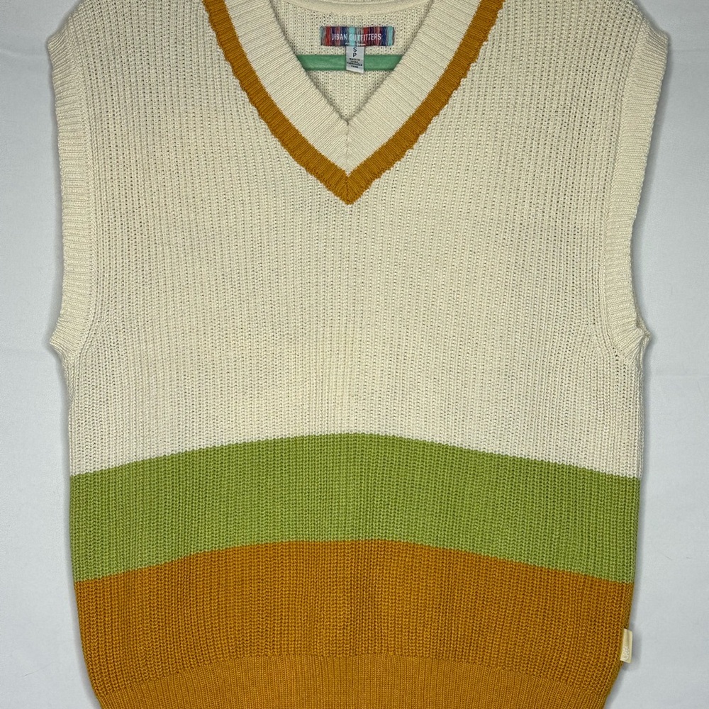 Urban Outfitters Cream V-Neck Sweater Vest with Green and Mustard Stripes